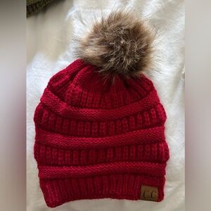 Red CC Beanie with Poof